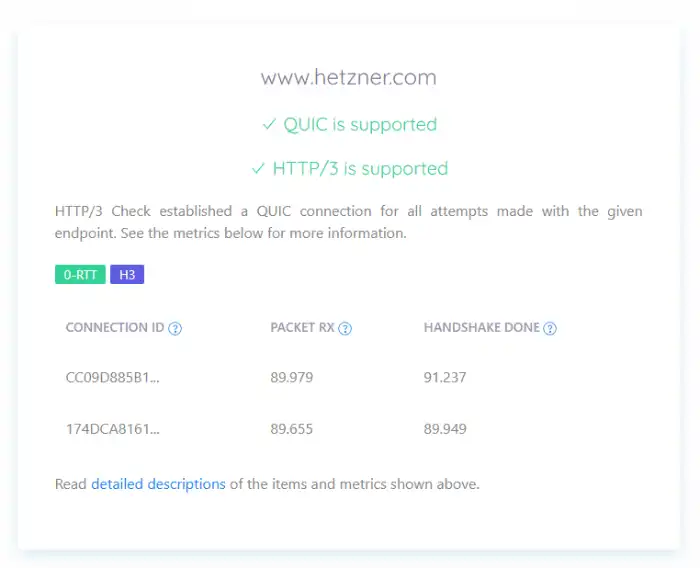 Hetzner HTTP/3 protocol support verification result