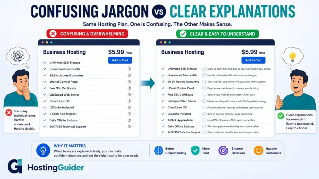 Hosting plan comparison with technical jargon versus simple explanations.