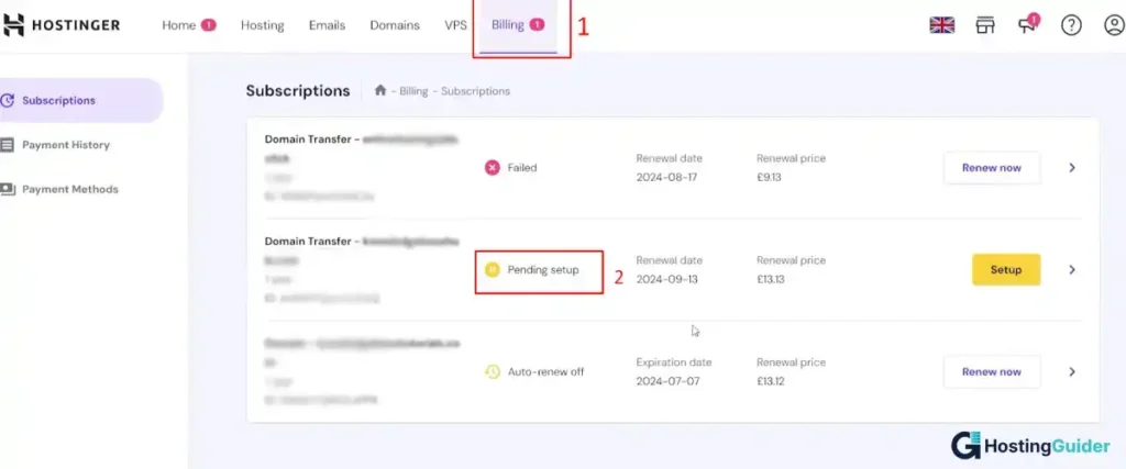  hostinger billing subscriptions page showing pending setup status