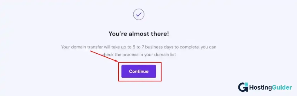 hostinger you're almost there domain transfer confirmation screen
