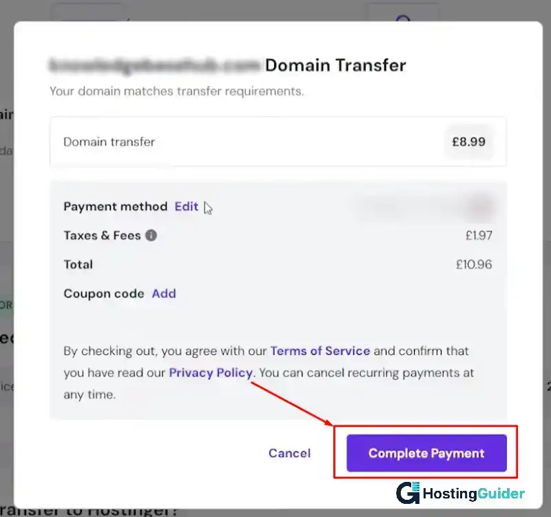 hostinger domain transfer payment popup with complete payment button