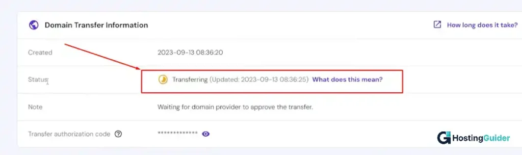 hostinger domain transfer information panel showing transferring status