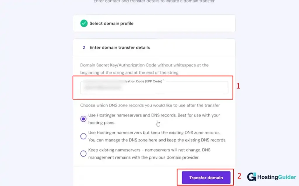  hostinger epp code filled in with transfer domain button highlighted