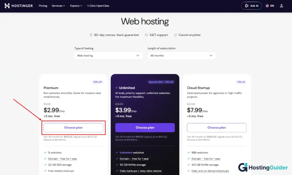 hostinger hosting plan comparison screenshot