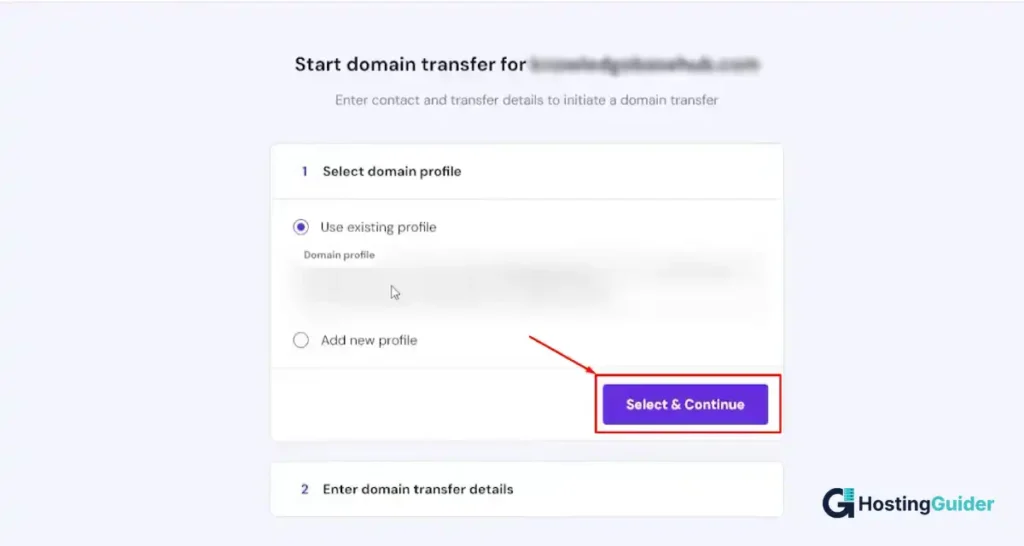 ostinger select domain profile screen with select and continue button