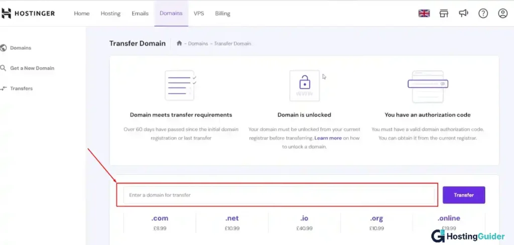hostinger transfer domain page with search field