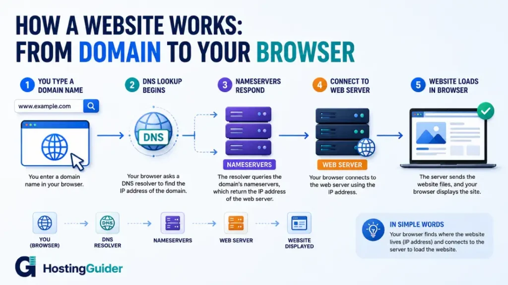 Diagram showing how a domain name, DNS, nameservers, and a web server work together to load a website in a visitor's browser.