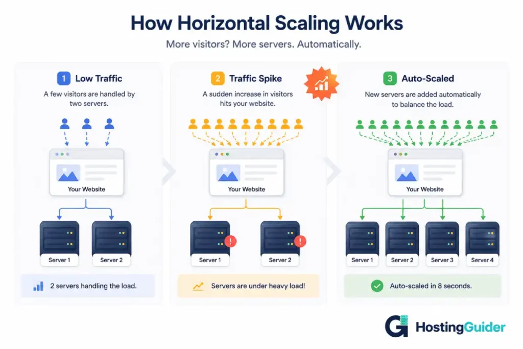 horizontal scaling cloud hosting traffic spike illustration