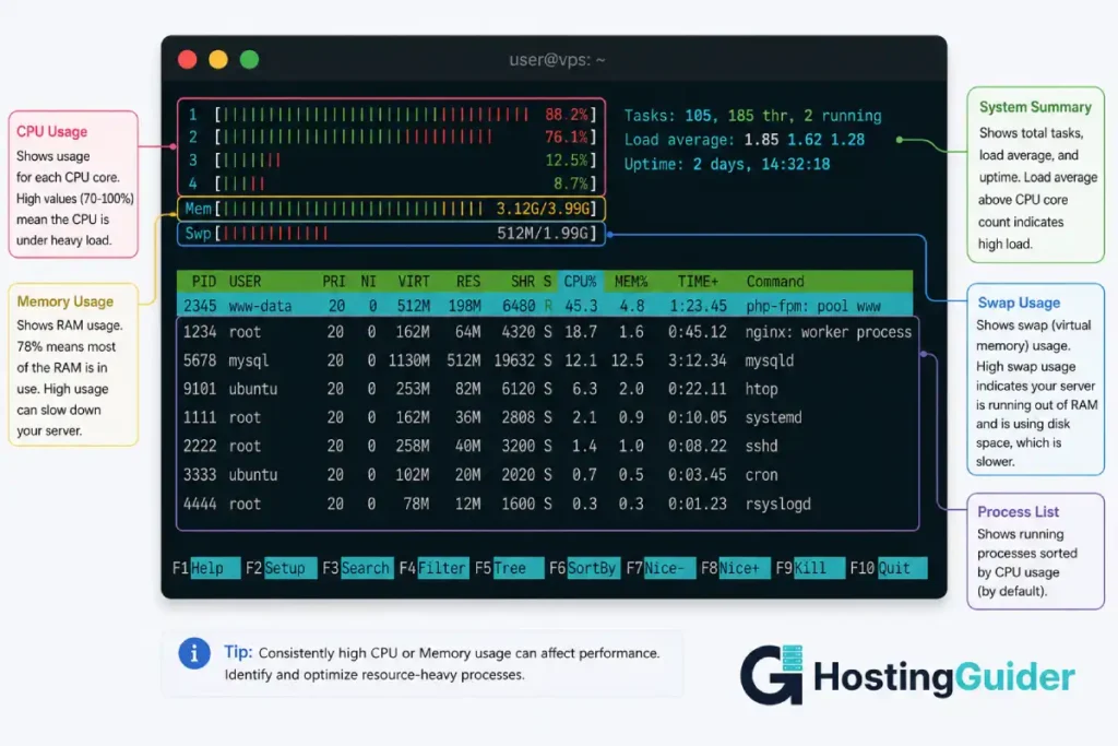 HTOP terminal screenshot explaining CPU load, RAM usage, swap usage, and active server processes on a VPS.