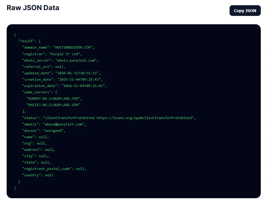 WHOIS JSON data for advanced users