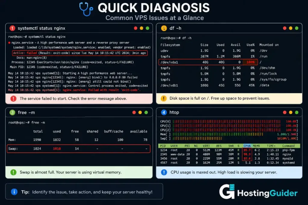 Linux server troubleshooting terminal panels showing common VPS issues