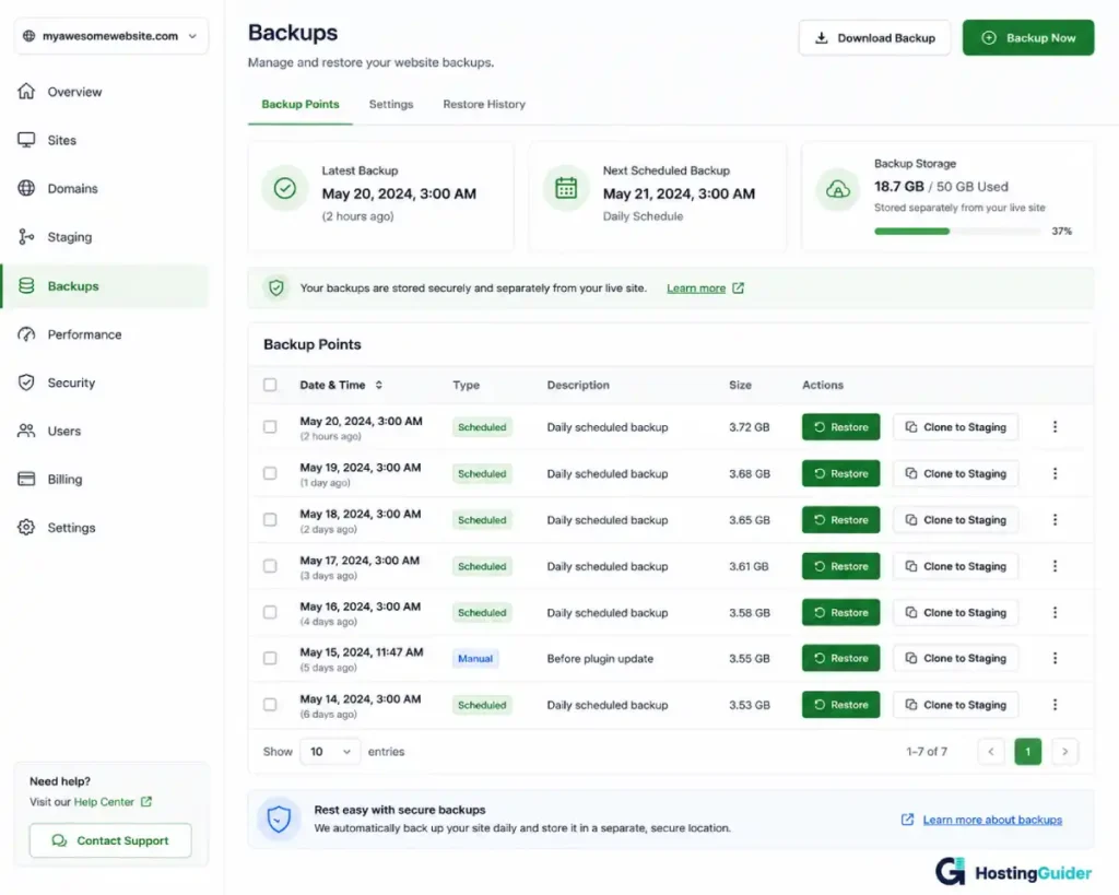 managed wordpress hosting backup dashboard interface