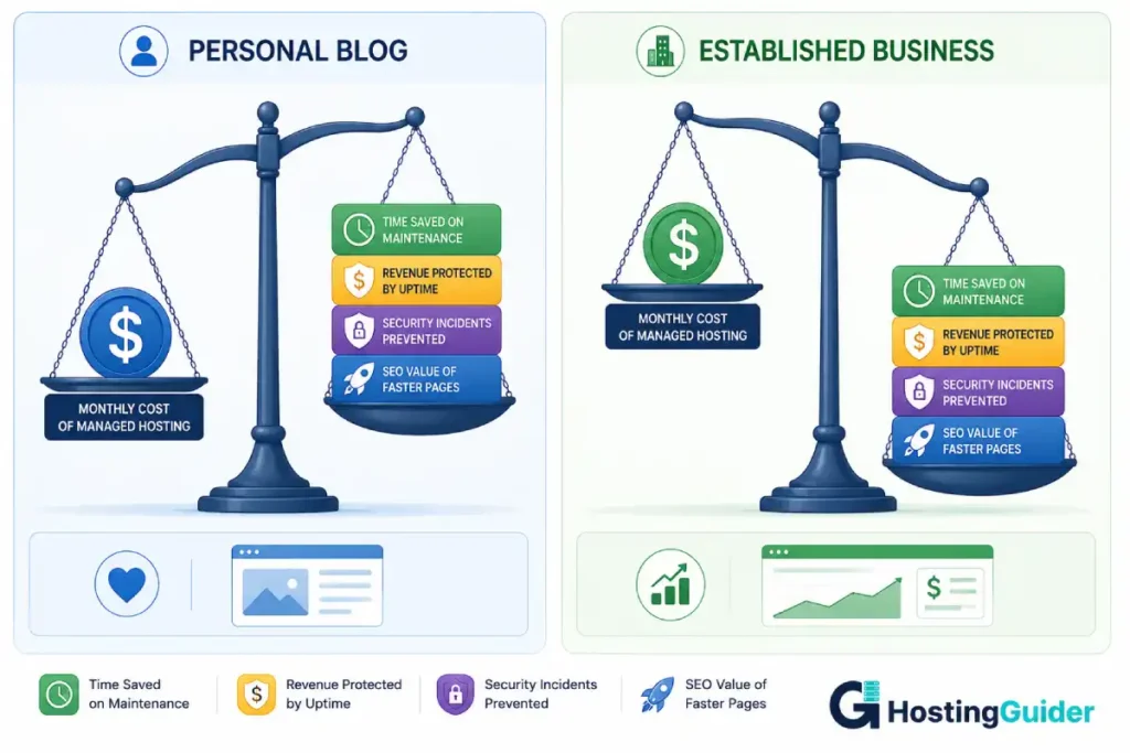 decision scale infographic comparing managed hosting costs with business benefits