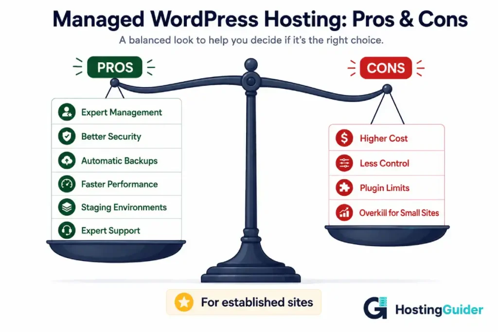 managed wordpress hosting pros and cons infographic