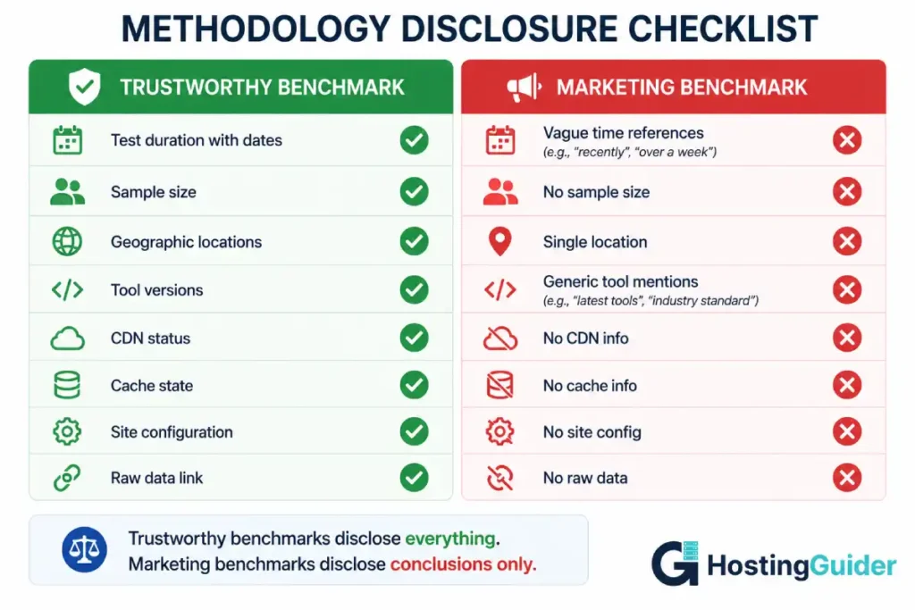 Trustworthy vs marketing benchmark methodology disclosure comparison infographic