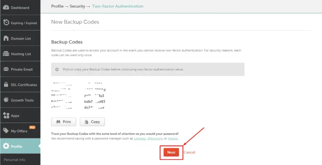 Backup codes list for Namecheap account