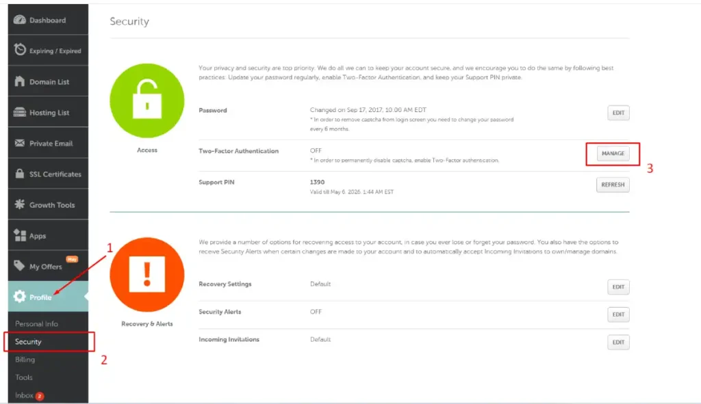 Namecheap security settings dashboard