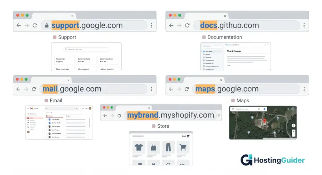 real examples of website subdomains in browser bars