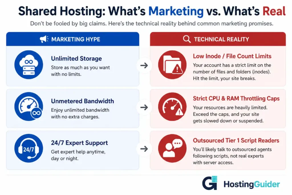 shared hosting marketing claims versus technical reality infographic