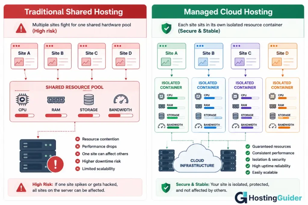 traditional shared hosting and managed cloud hosting comparison infographic