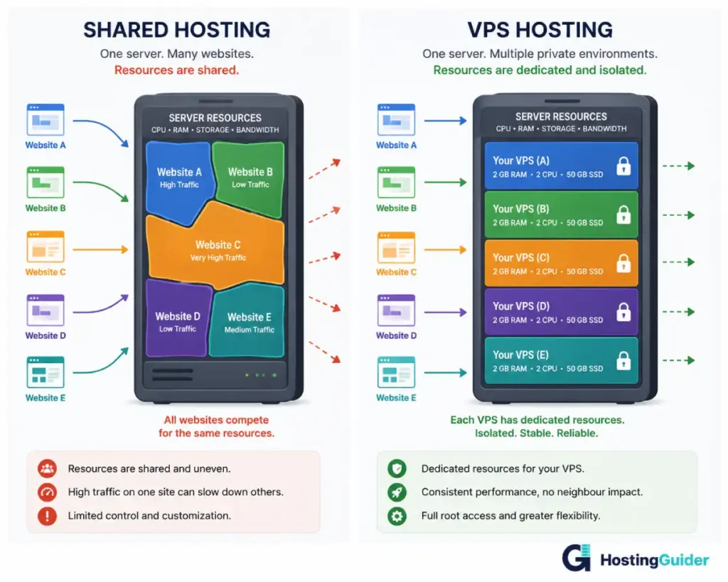 shared hosting vs vps hosting comparison diagram