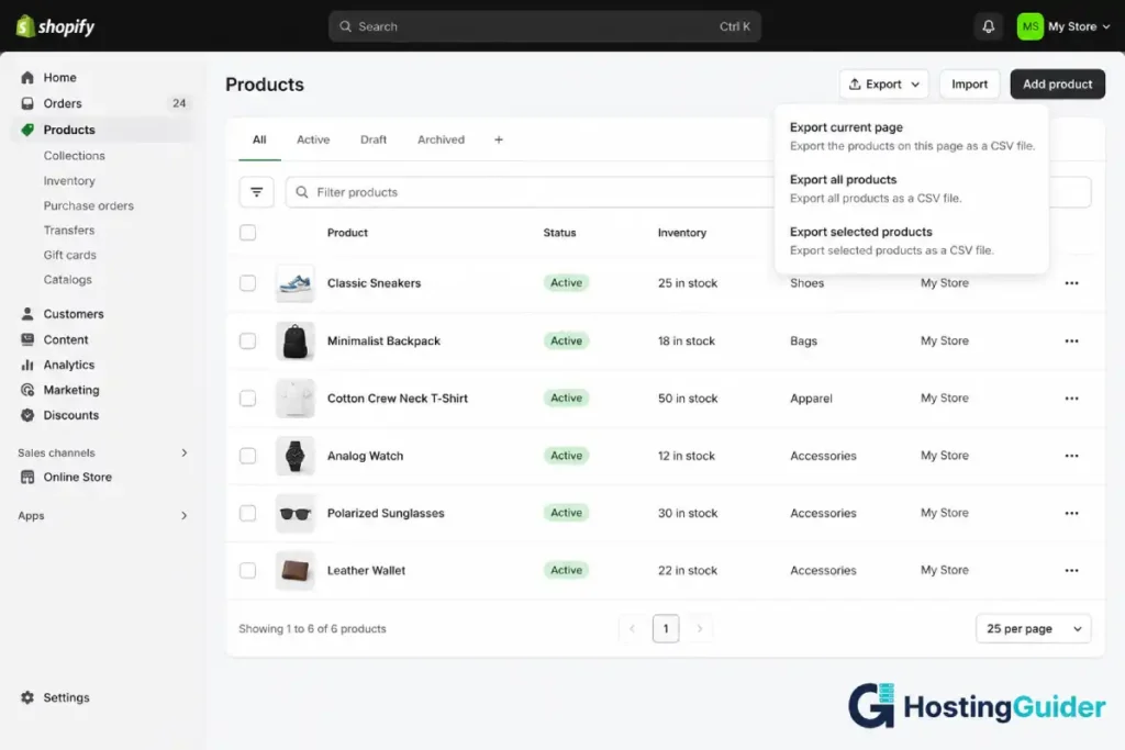 shopify products export page screenshot