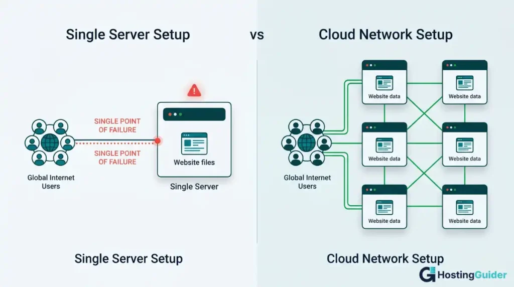 single server vs cloud hosting infrastructure comparison showing reliability and redundancy