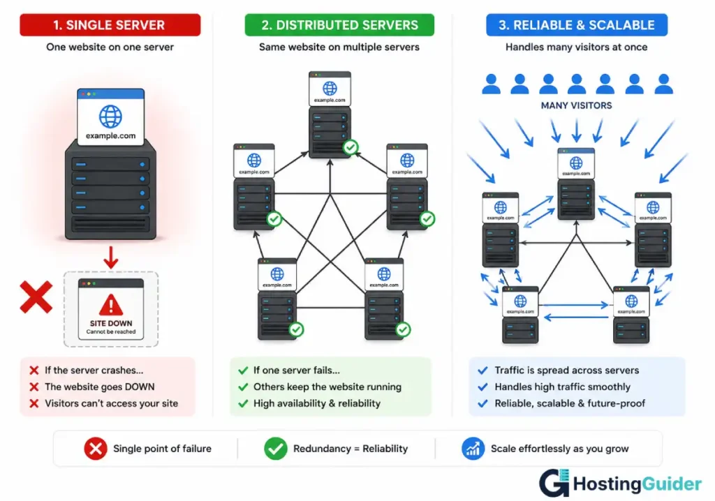 single server vs distributed servers hosting reliability diagram