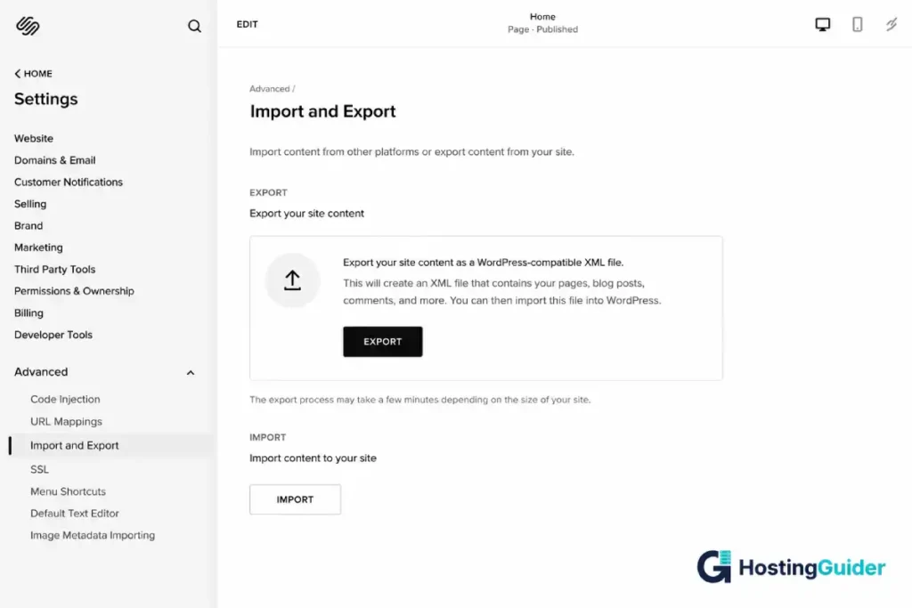squarespace import and export settings screenshot