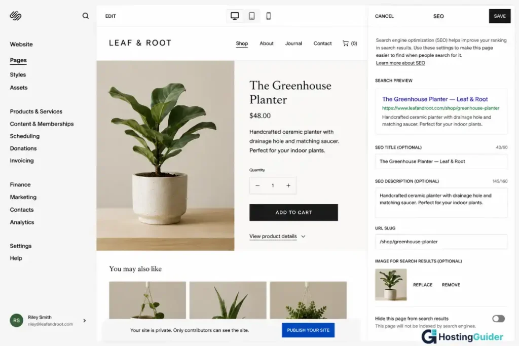 squarespace seo settings panel screenshot