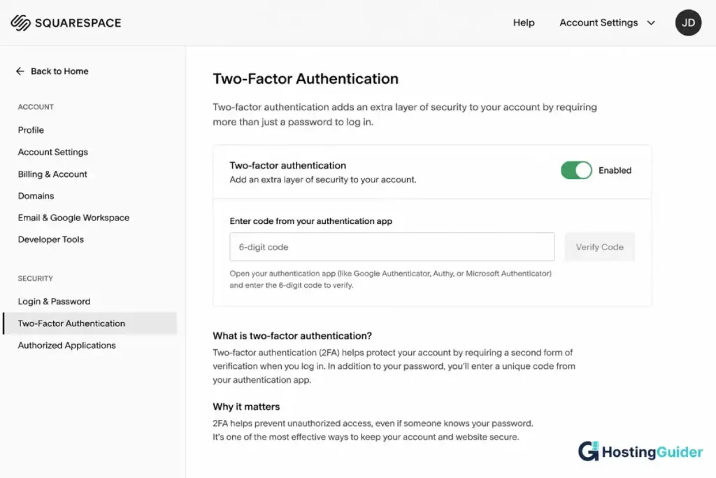 squarespace two factor authentication settings page