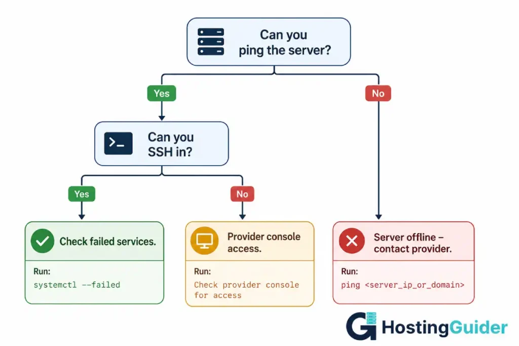 SSH troubleshooting decision tree infographic for server diagnosis