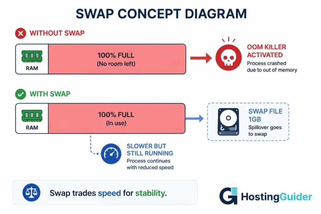 RAM and swap memory comparison infographic showing OOM killer and swap file