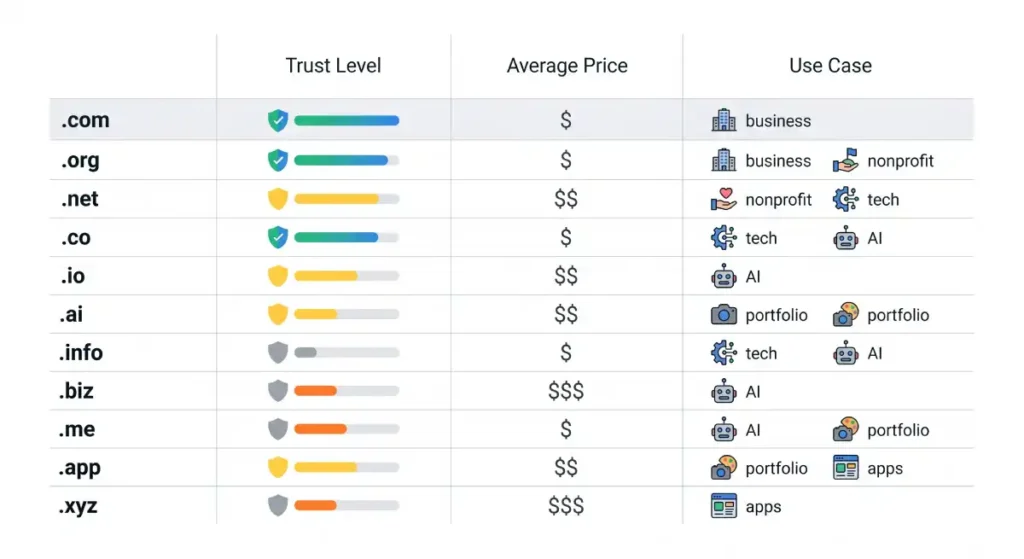 top domain extensions comparison trust and pricing