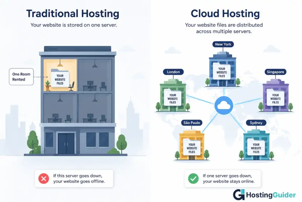traditional hosting vs cloud hosting illustration
