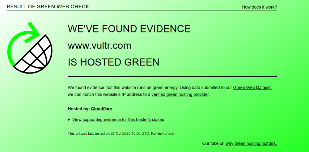 Vultr Green Web Foundation Sustainability Check