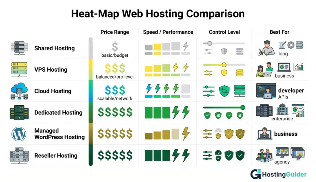 web hosting types comparison shared vps cloud dedicated