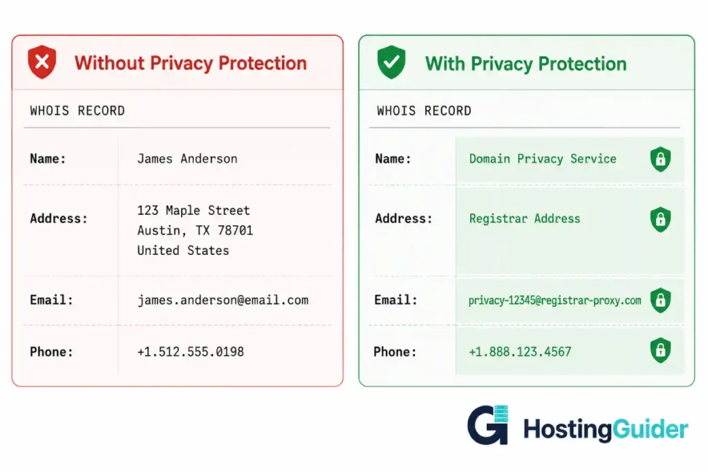 Side-by-side WHOIS comparison showing exposed personal data versus protected registrar proxy information.
