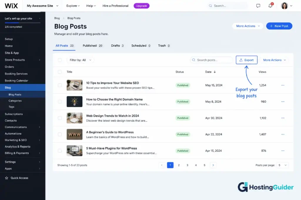 wix blog export dashboard screenshot