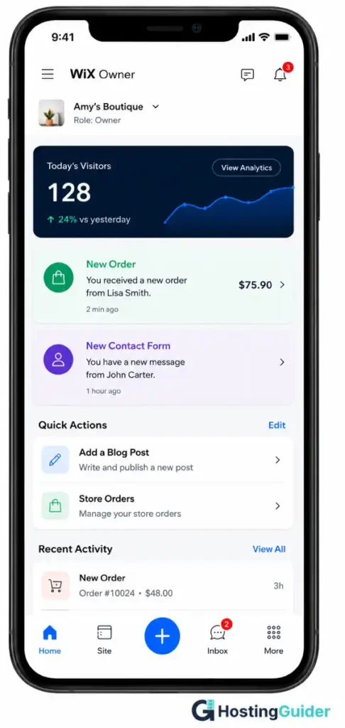 wix owner mobile app dashboard screenshot