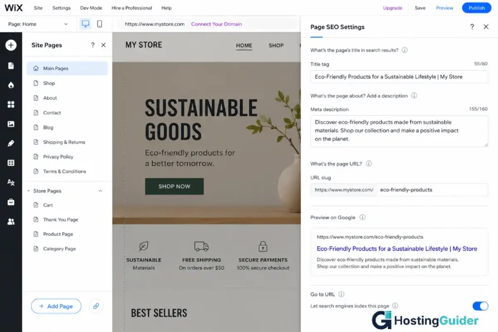 wix seo settings panel screenshot