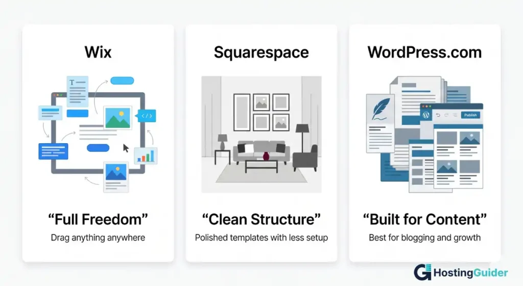 wix squarespace wordpress website builder comparison infographic