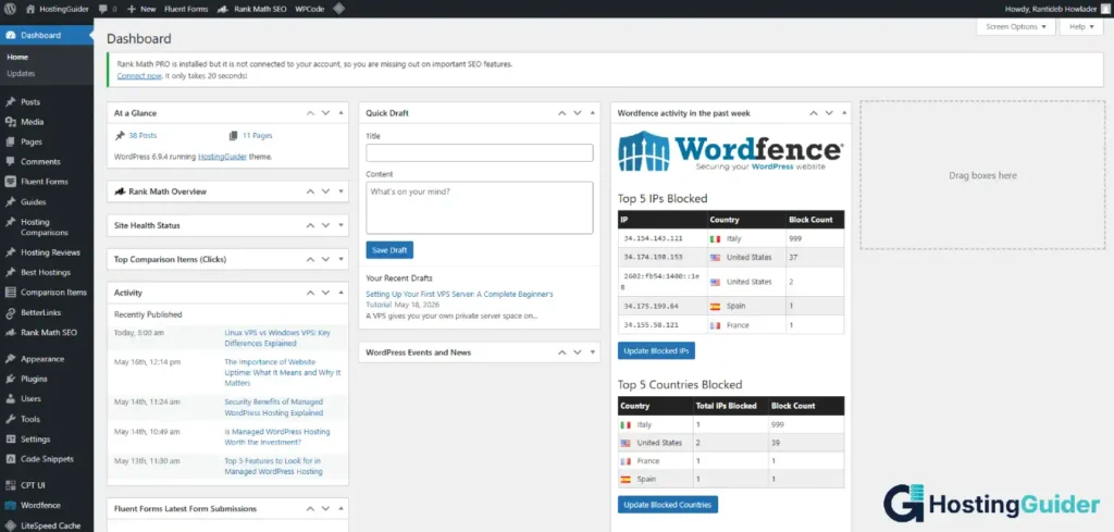 WordPress admin dashboard screenshot after installation
