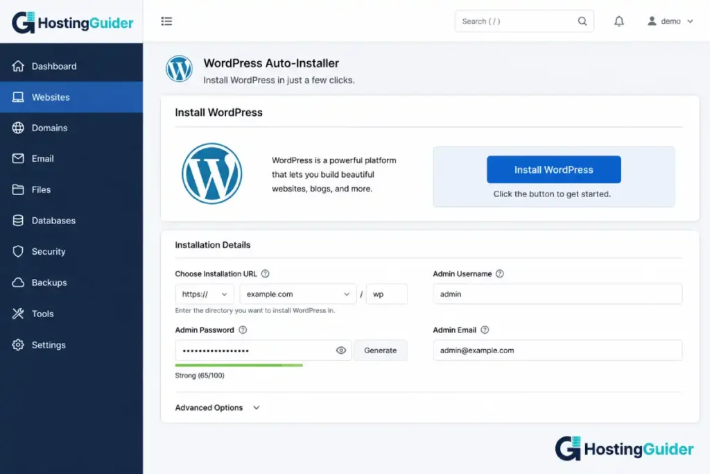 wordpress auto installer hosting control panel screenshot