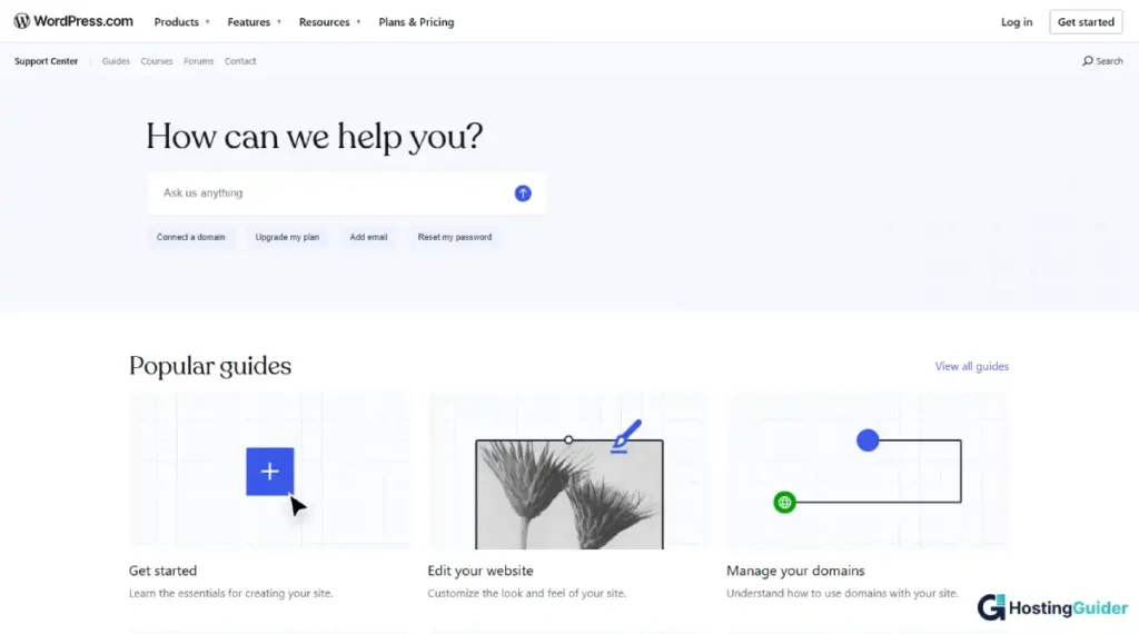 wordpress support page with help topics and chat