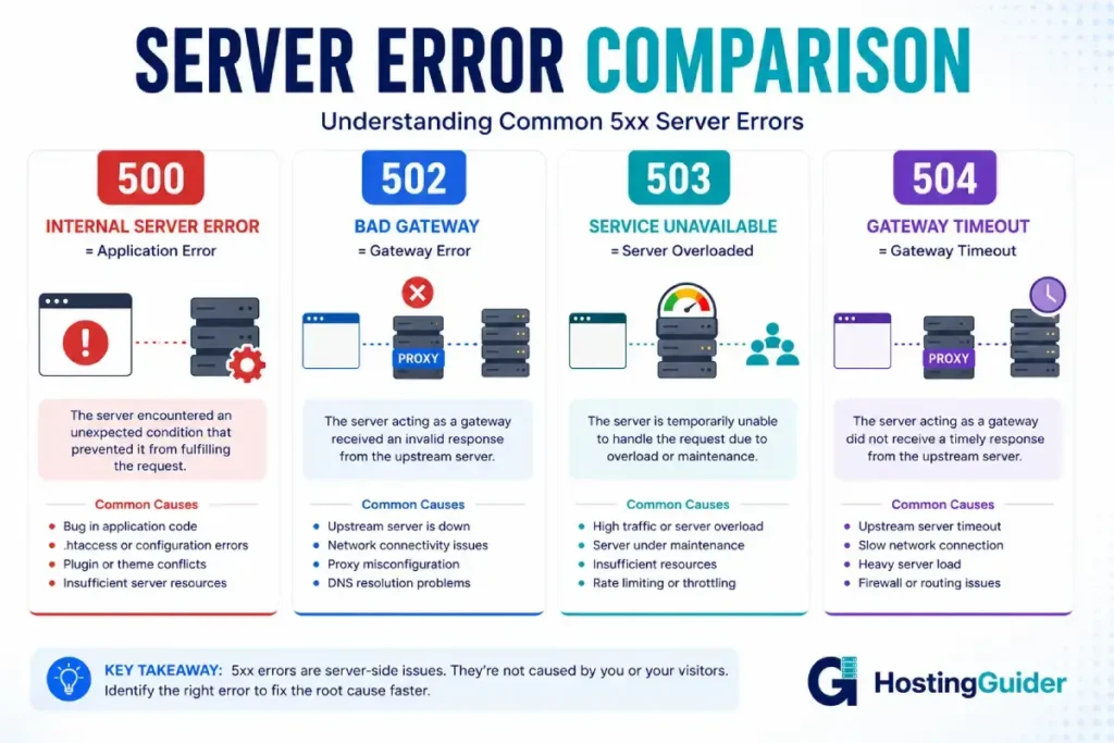 500 vs 502 vs 503 vs 504 HTTP server errors comparison