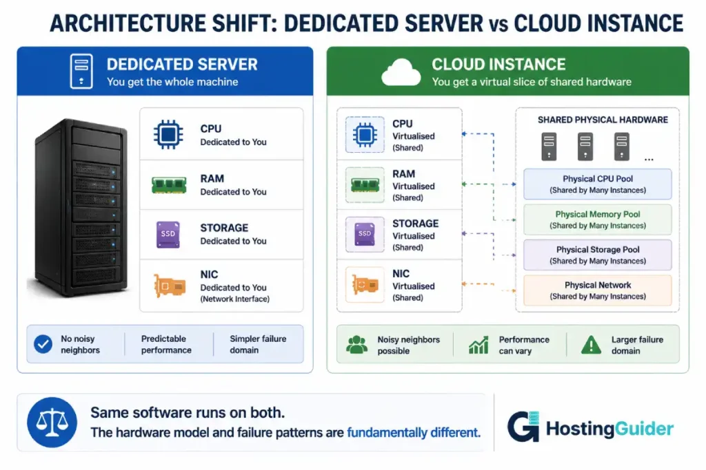 Dedicated server versus cloud instance architecture comparison infographic