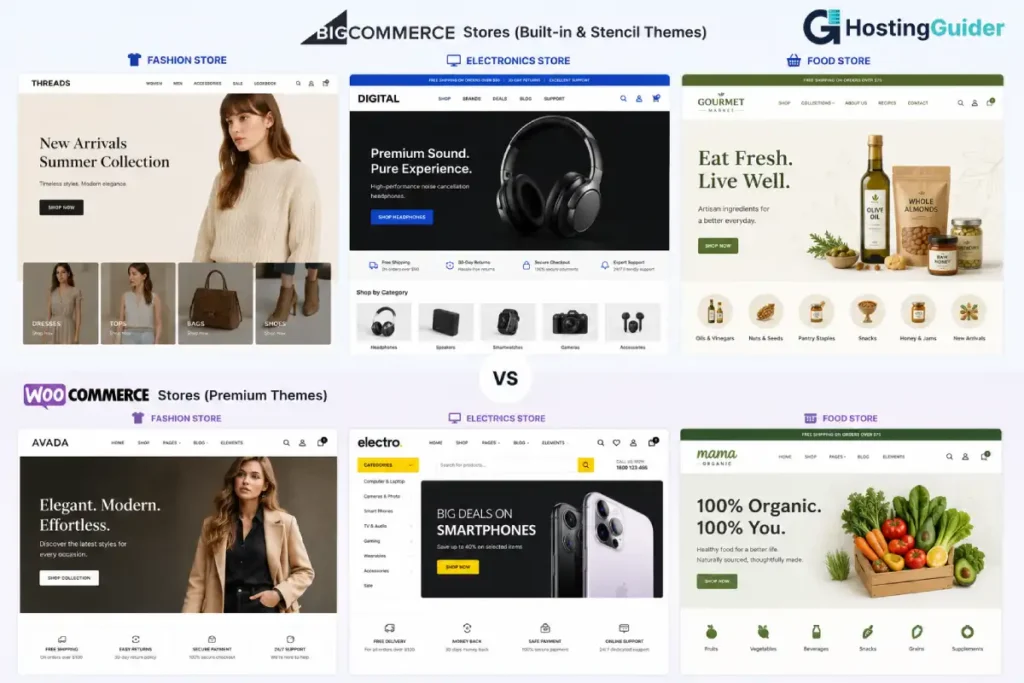BigCommerce store fronts and WooCommerce stores compared across fashion, electronics, and food website designs.