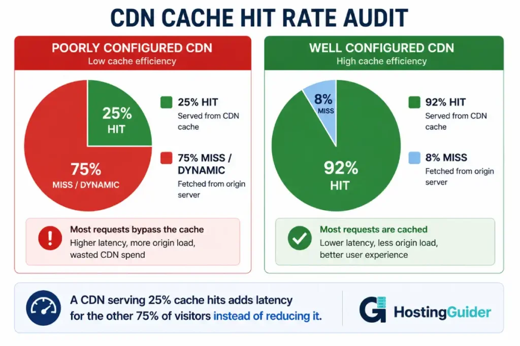 CDN cache hit rate comparison infographic showing poorly configured and well-configured CDN performance