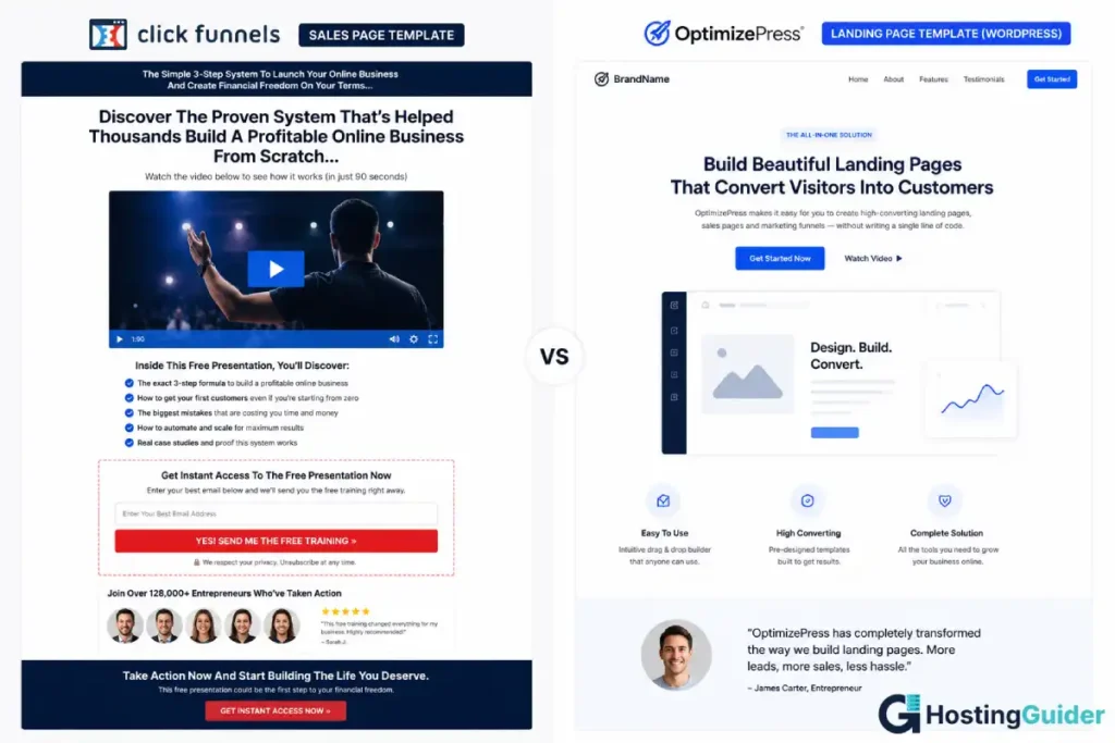 ClickFunnels sales page template and WordPress landing page template side-by-side comparison.